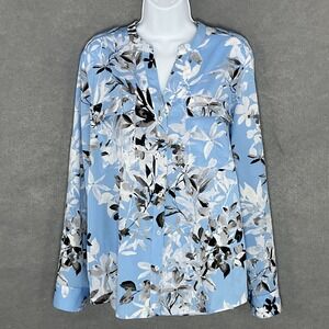 Calvin Klein Top Womens L Blue Gray Button Up Split Neck Pockets Office Church